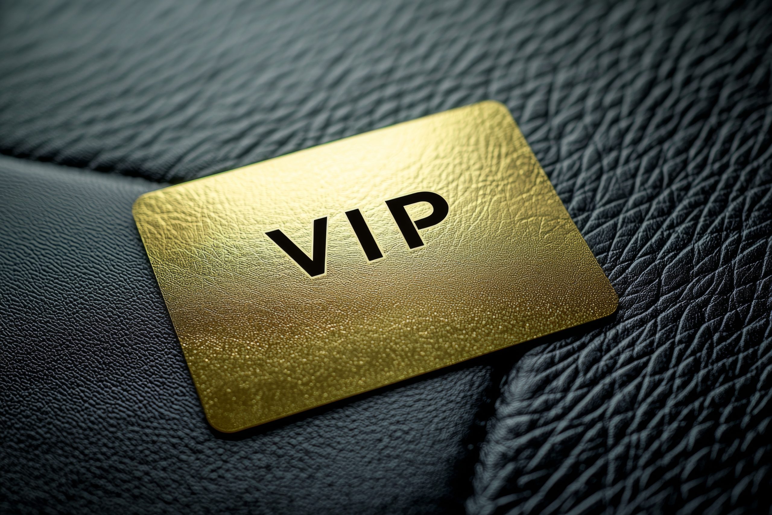 Golden vip card resting on a luxurious black leather surface, symbolizing exclusivity, privilege, and access to elite services or unforgettable experiences
