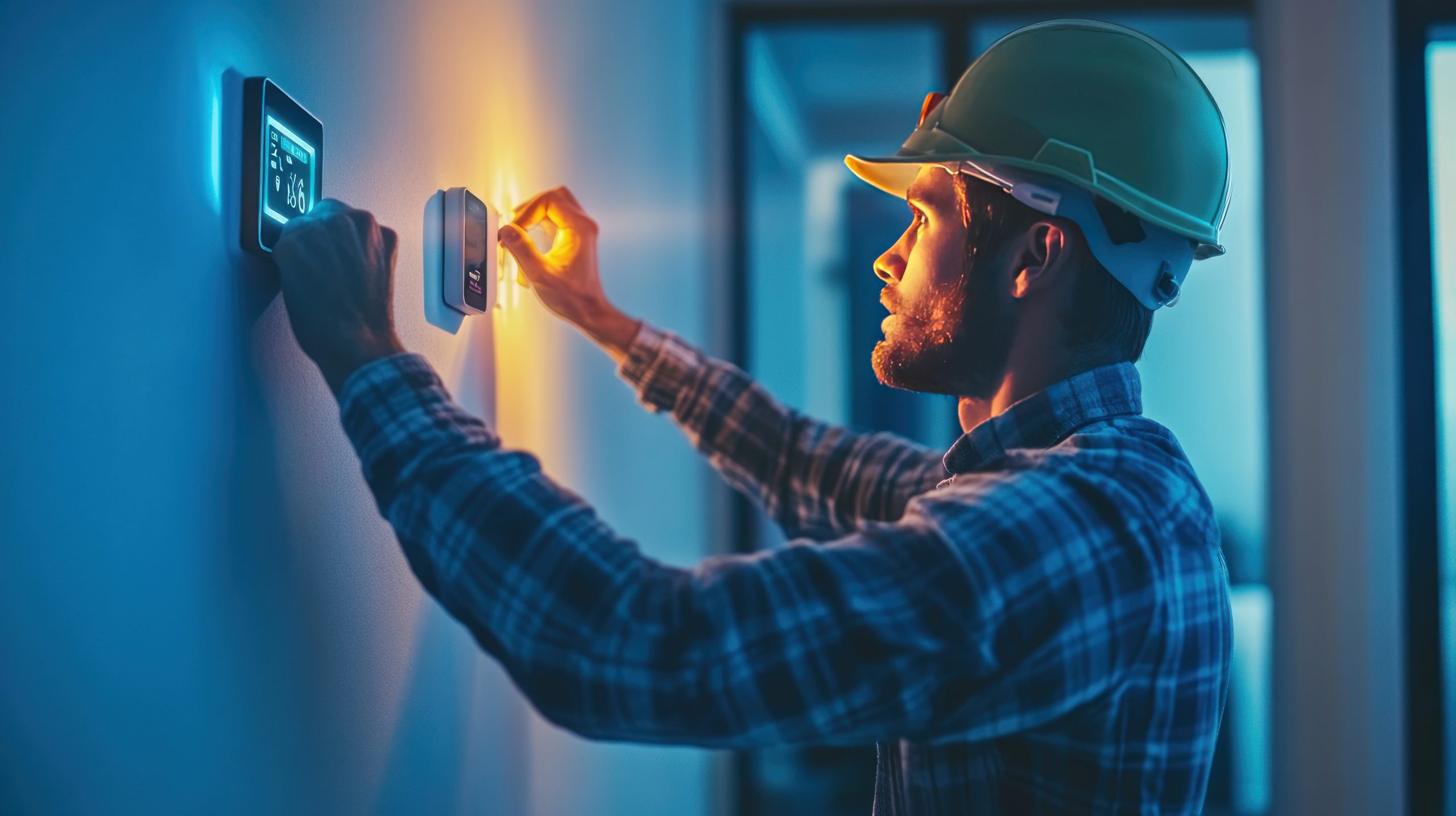 A person installing a smart thermostat in a home, emphasizing energy efficiency and smart technology for reducing environmental impact.